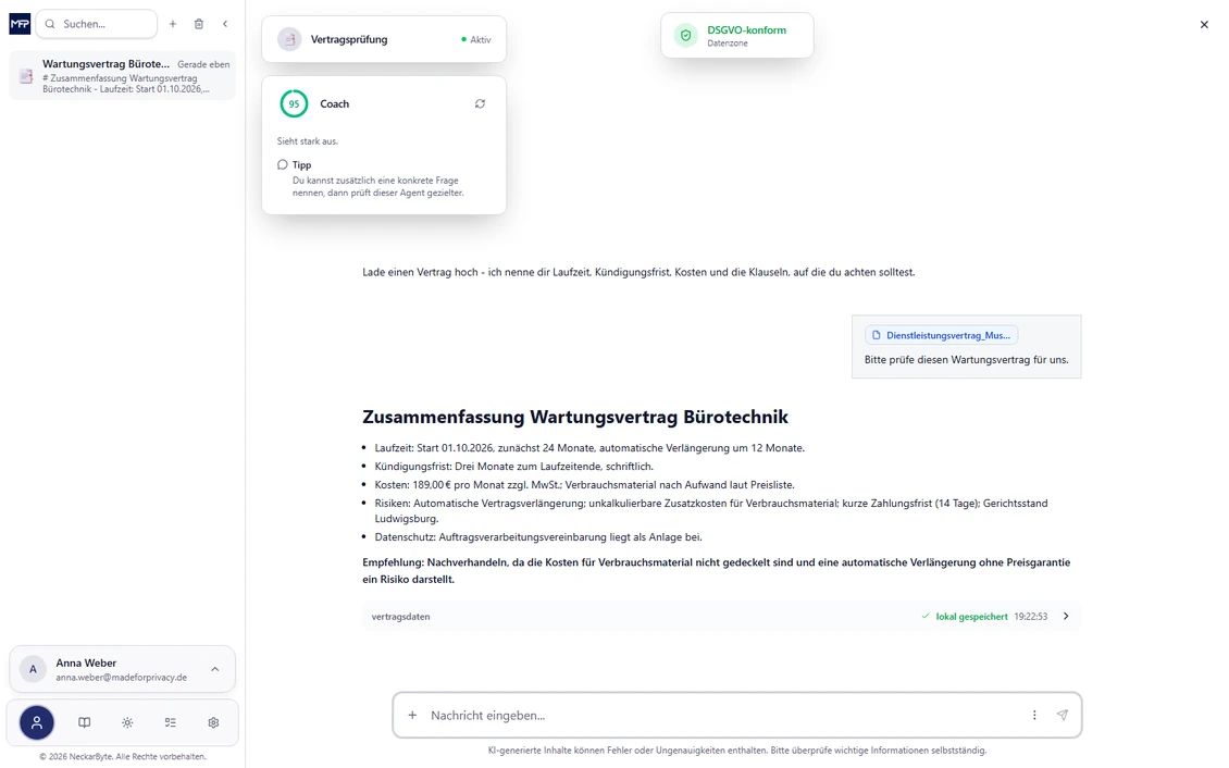 MadeForPrivacy Client: Vertragspr&uuml;fung mit Zusammenfassung und Empfehlung
